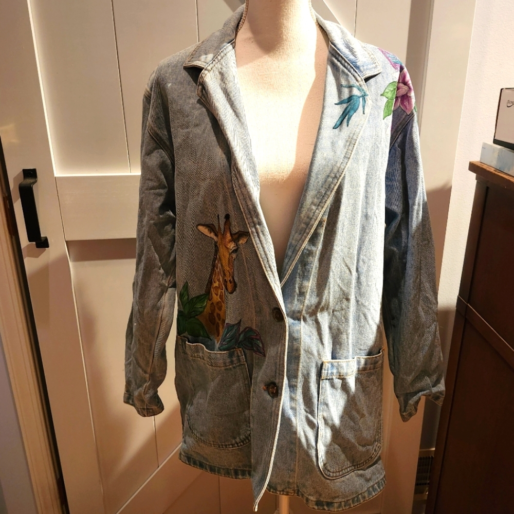 Women's CMC Denim Jacket with Handpainted Animal Print Vintage M